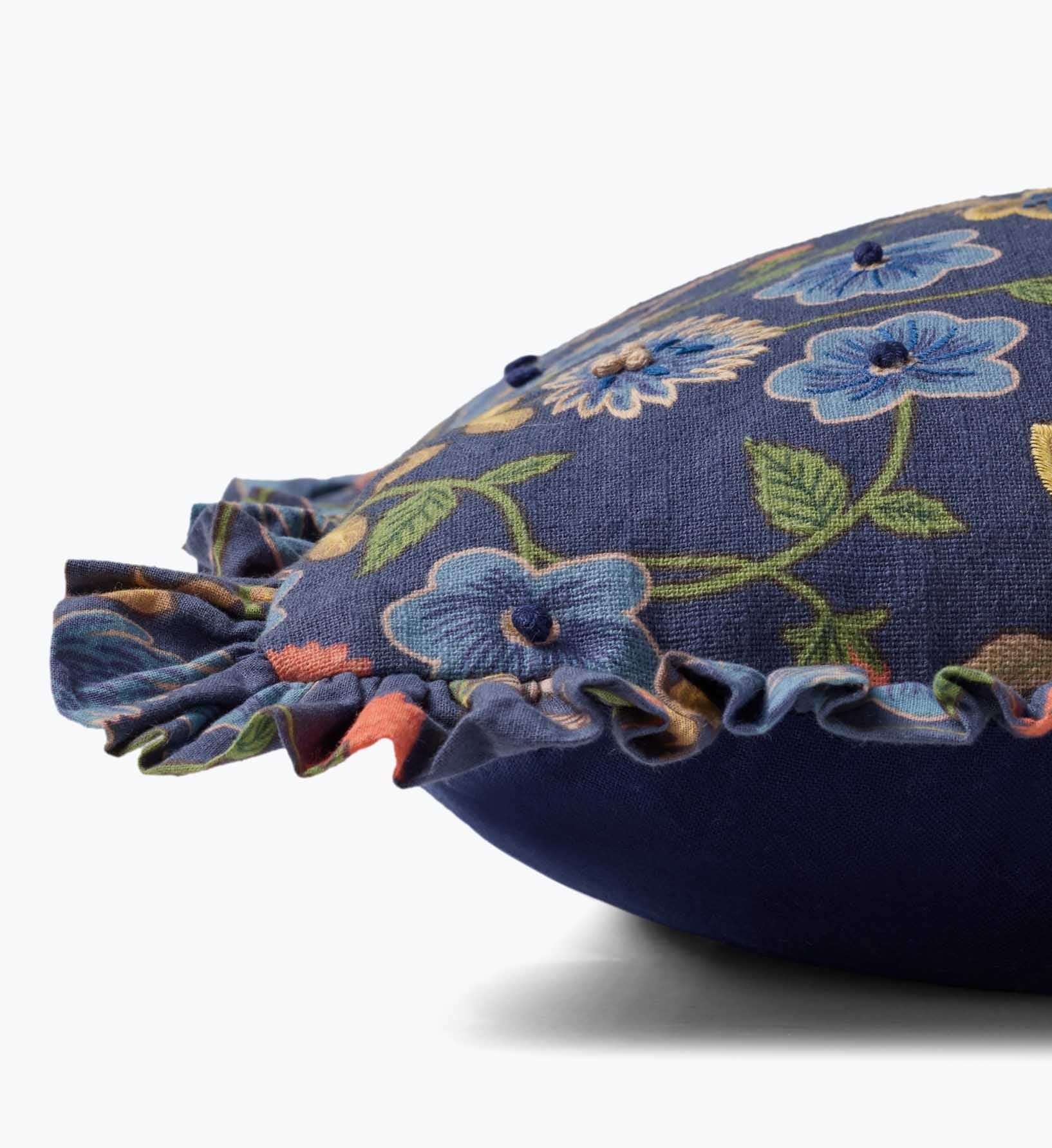 Maple Embroidered Pillow - Blue