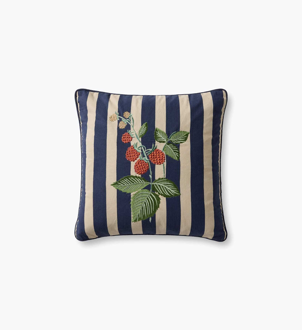 Raspberries Embroidered Pillow - Navy