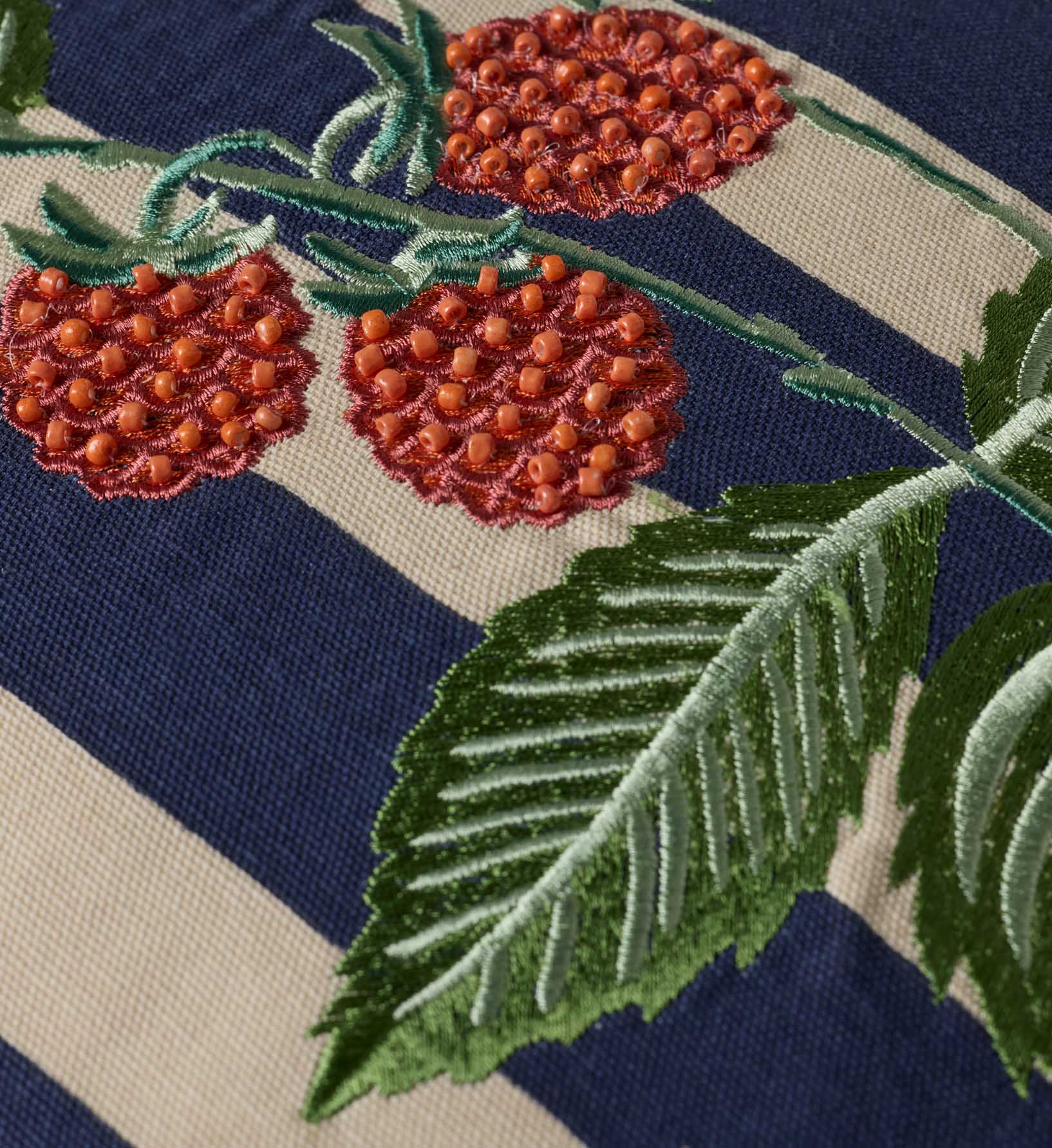 Raspberries Embroidered Pillow - Navy