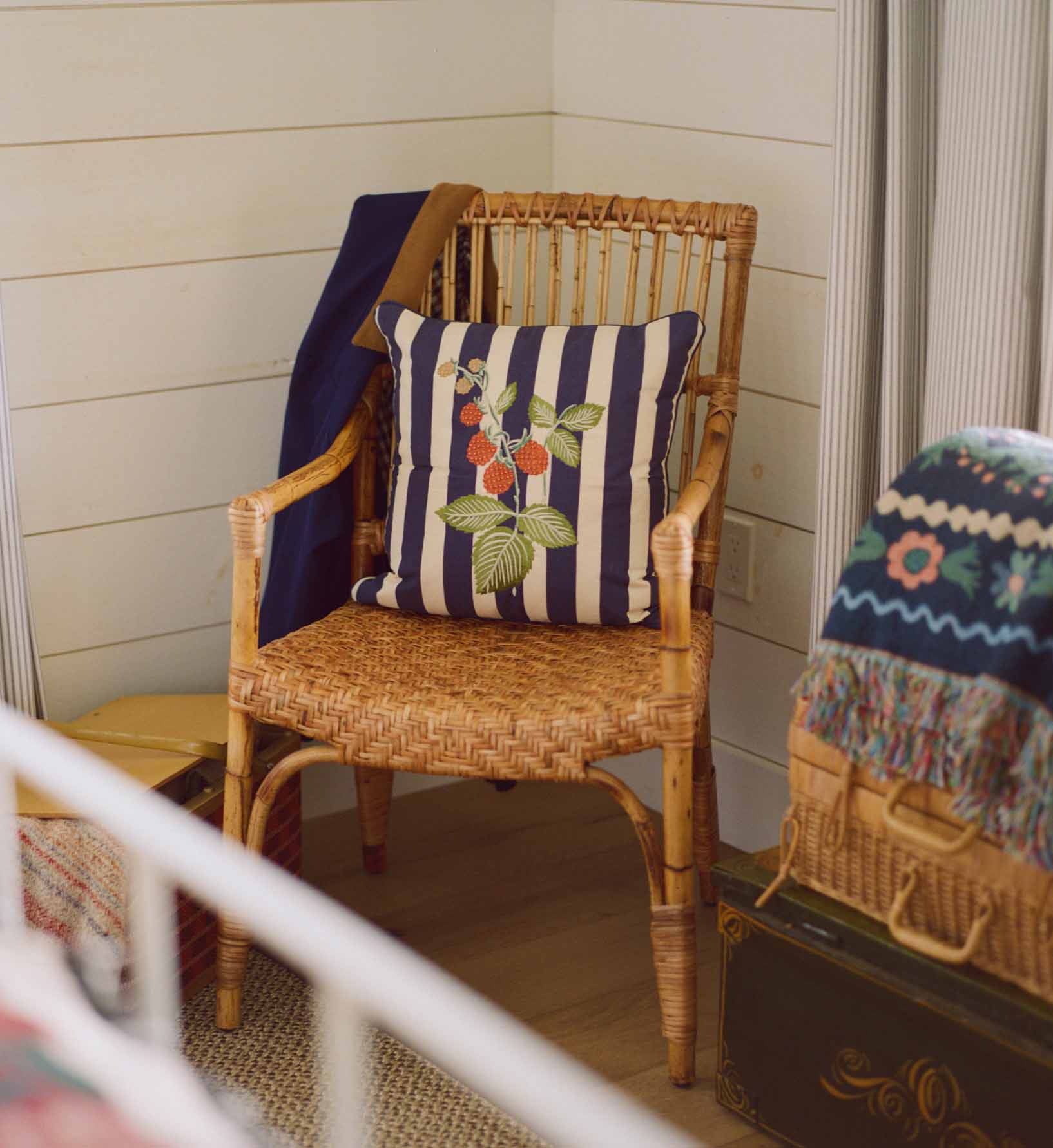 Raspberries Embroidered Pillow - Navy