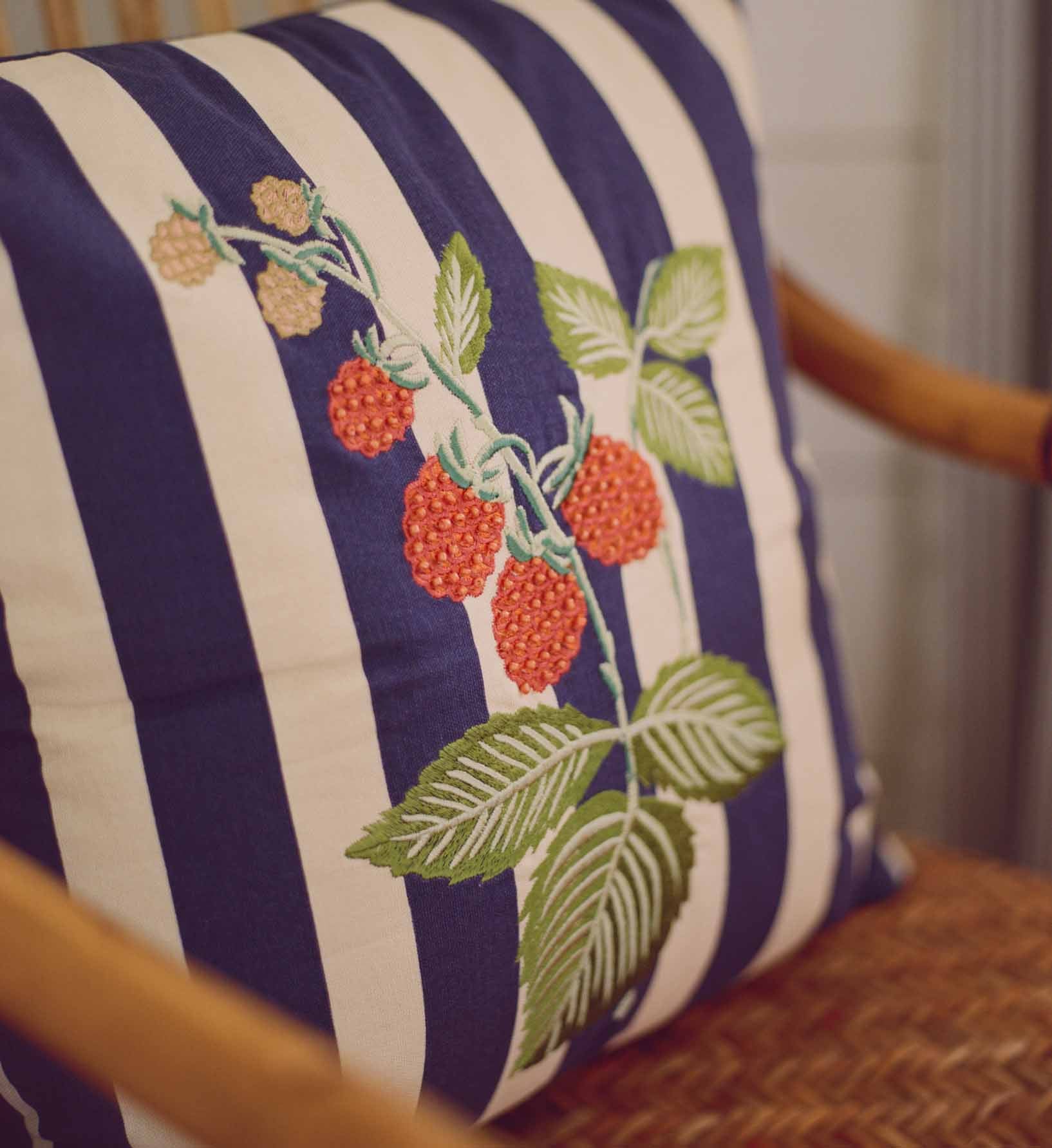 Raspberries Embroidered Pillow - Navy