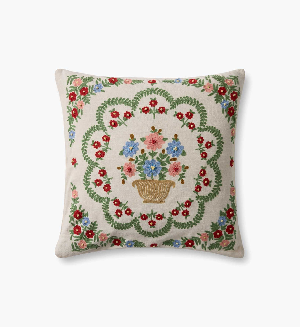 Rosette Vase Embroidered Pillow - Ivory