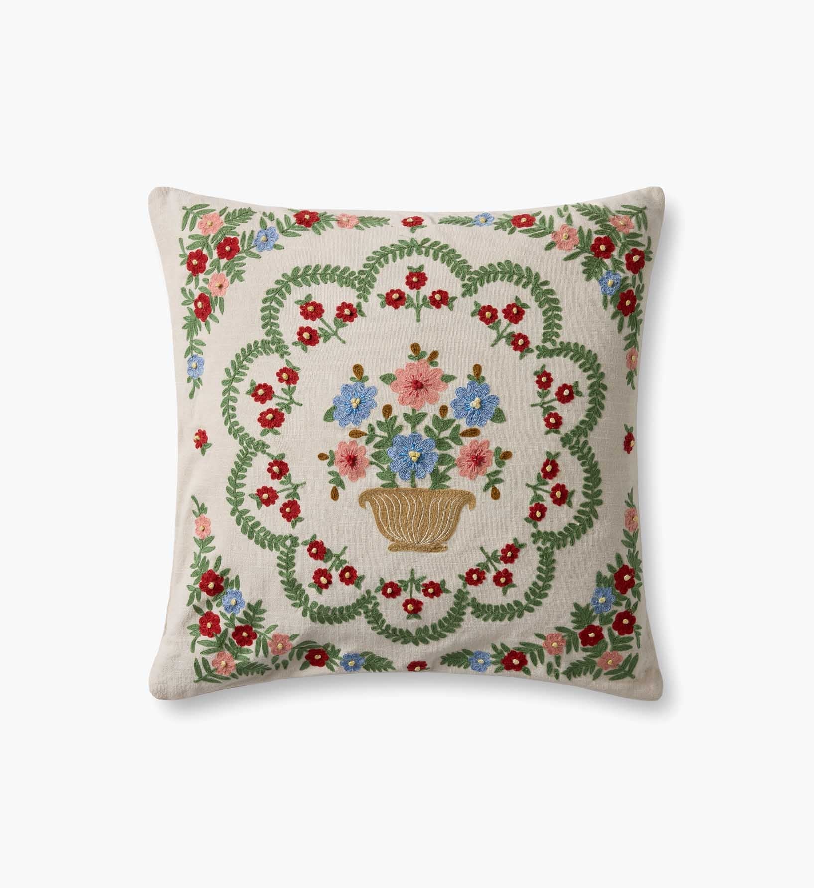 Rosette Vase Embroidered Pillow - Ivory
