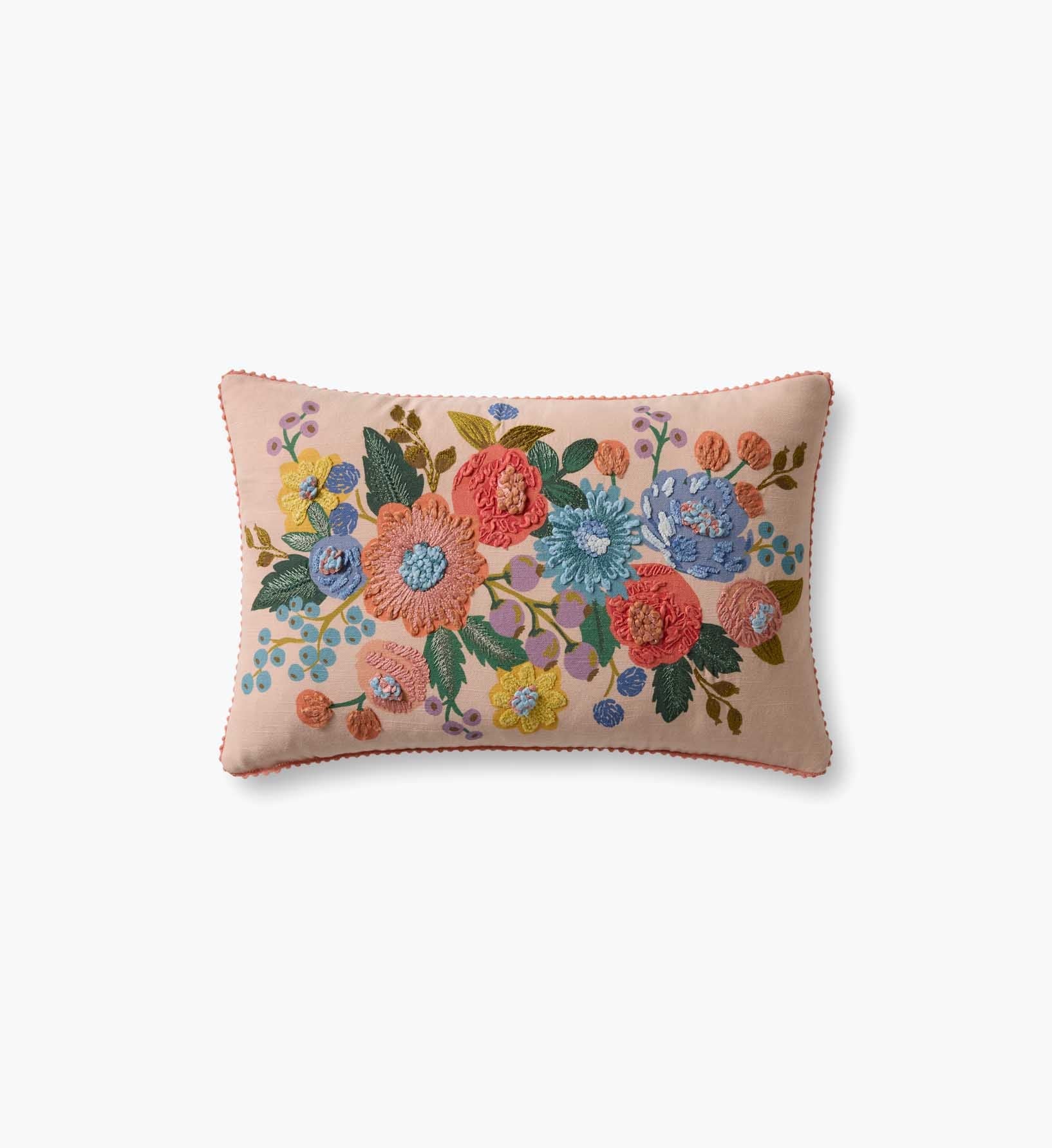 Vintage Garden Embroidered Lumbar Pillow - Pink