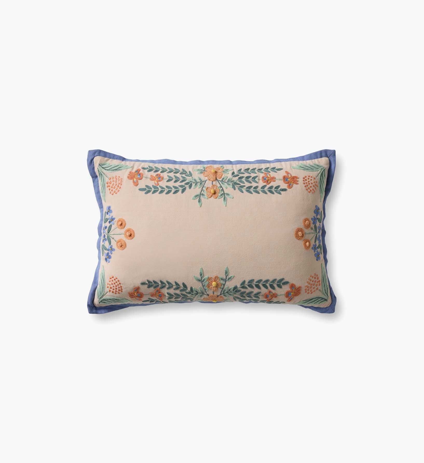 Willow Border Embroidered Lumbar Pillow - Ivory