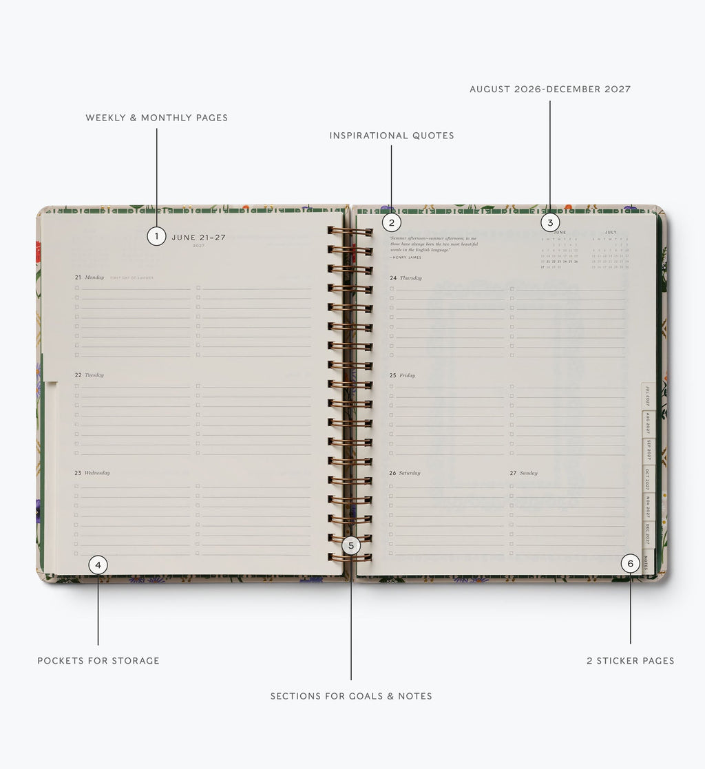 2026-2027 17-Month Academic Hardcover Spiral Planner - Garden Study