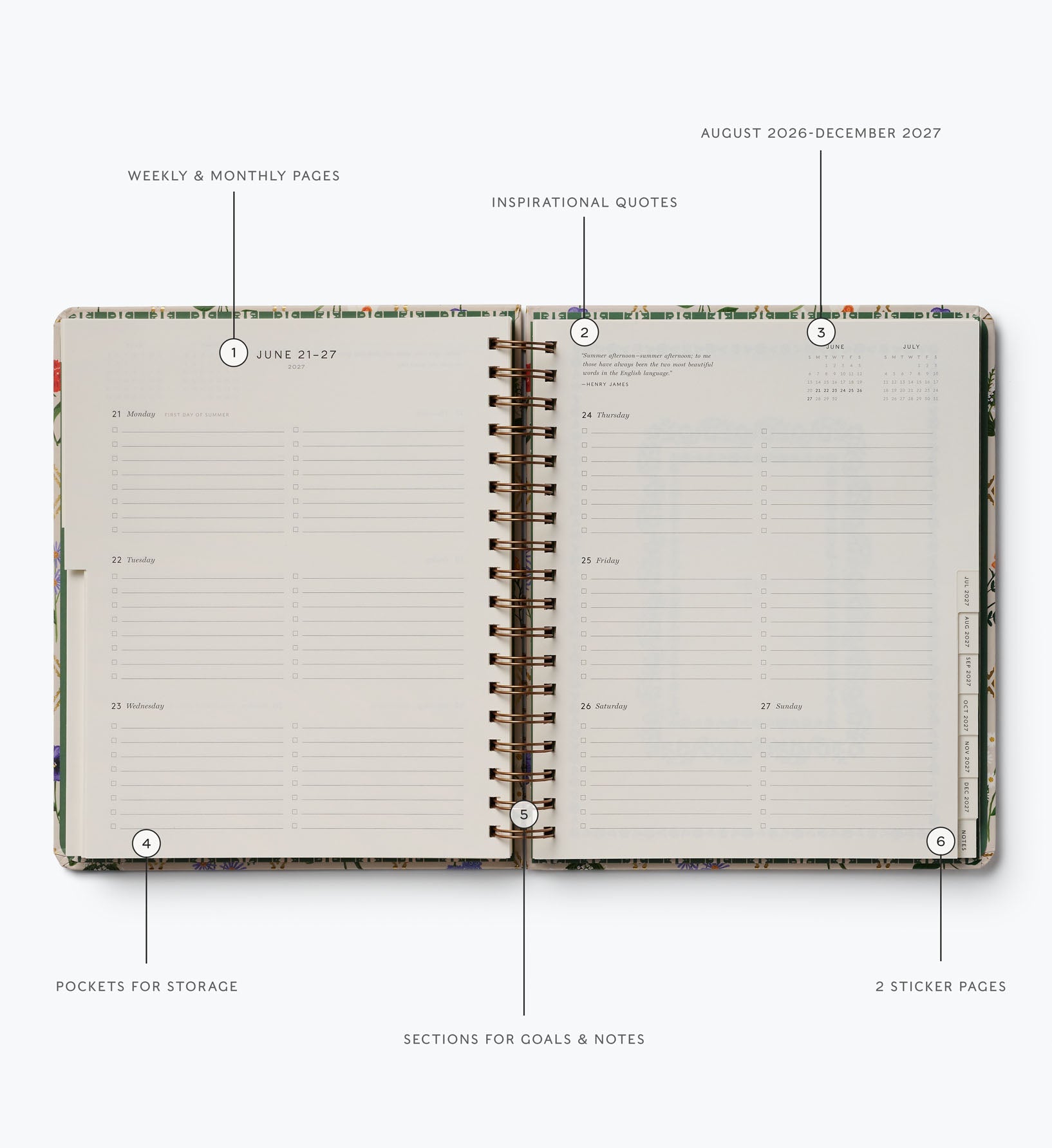2026-2027 17-Month Academic Hardcover Spiral Planner - Garden Study