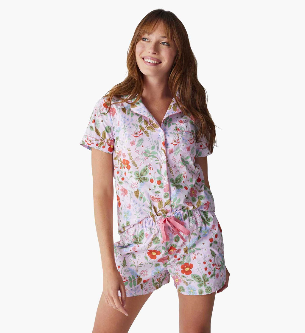 Poplin Button Front Short Set - Strawberry Fields