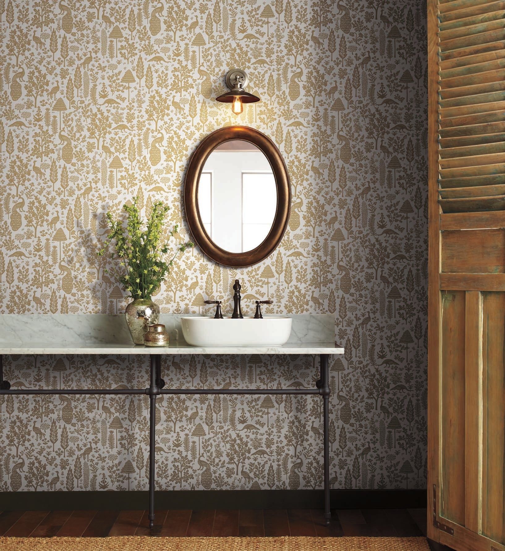Menagerie Toile Wallpaper - White & Metallic Gold