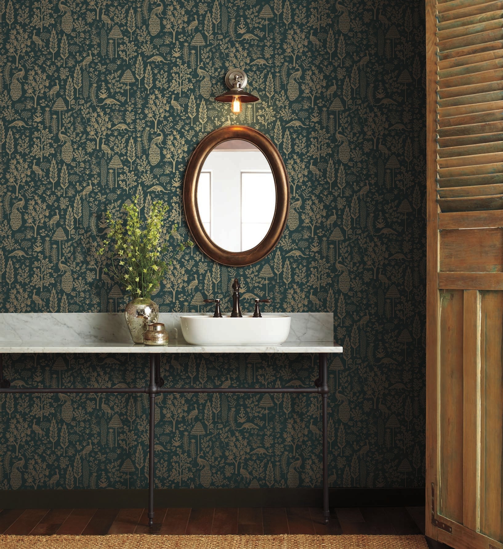 Menagerie Toile Wallpaper - Emerald & Metallic Gold