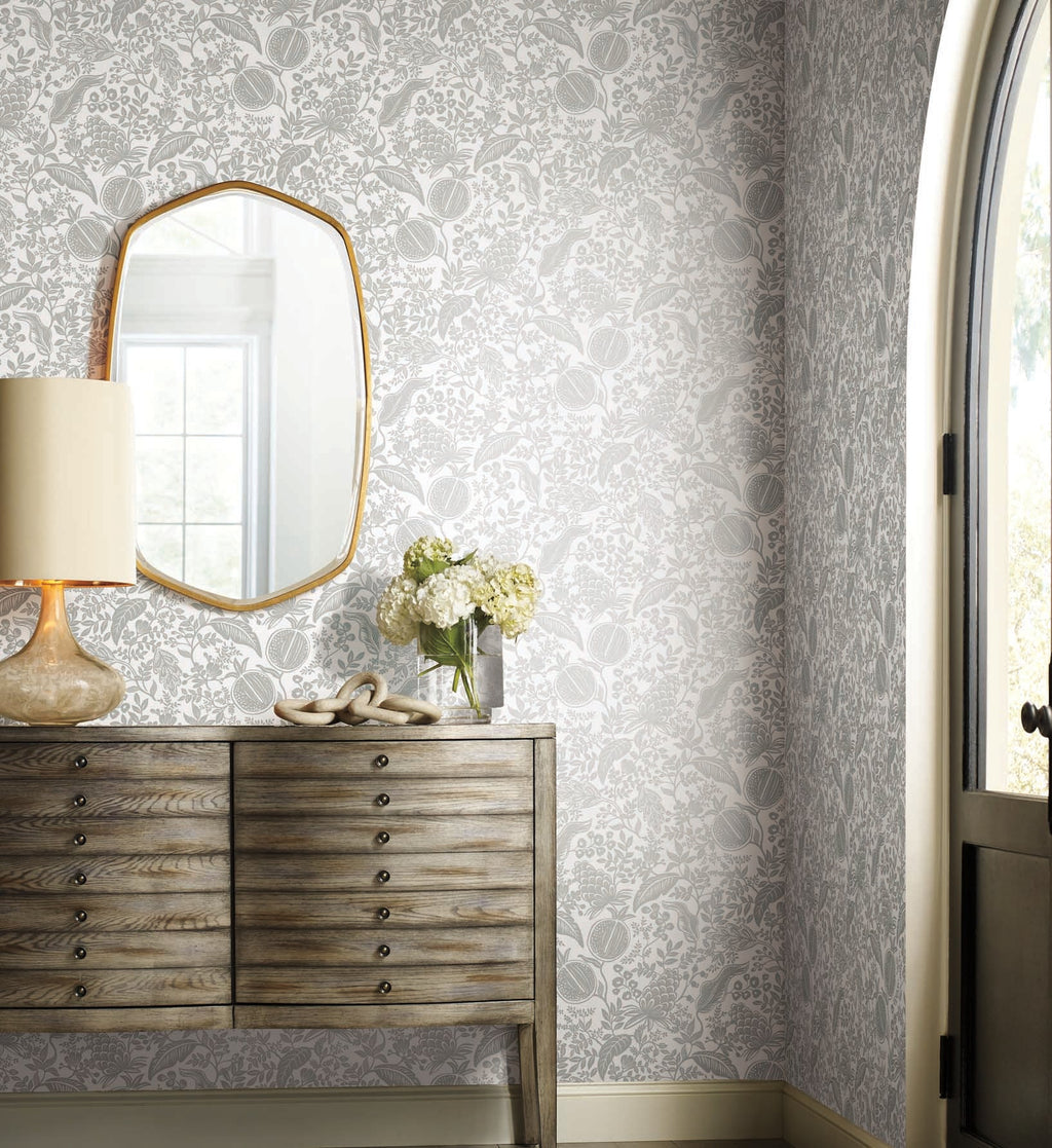 Pomegranate Wallpaper - White & Metallic Silver