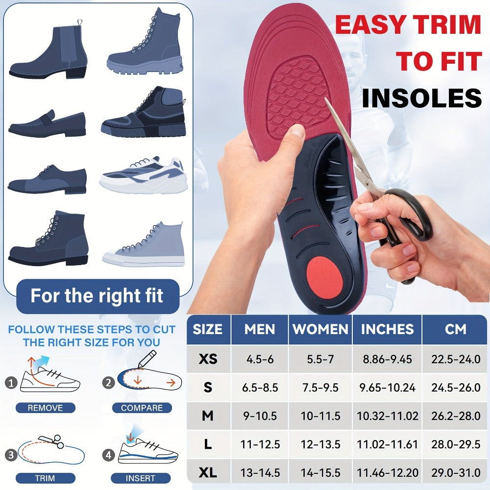 Athletic Insoles EVA Arch Support ¨C Shock Absorbing, 210+ Lbs Load Capacity, Red & Black Design for Running, Hiking, Work Boots & Sneakers
