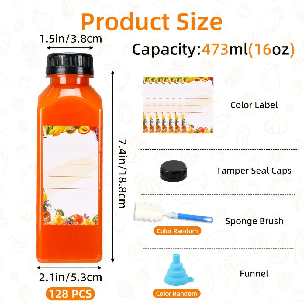 Plastic Juice Bottles with Caps 128pcs Bulk - Clear Reusable Beverage Bottles with Lids for Juice Smoothies Party Gatherings Outdoor Events Includes Funnel & Brush