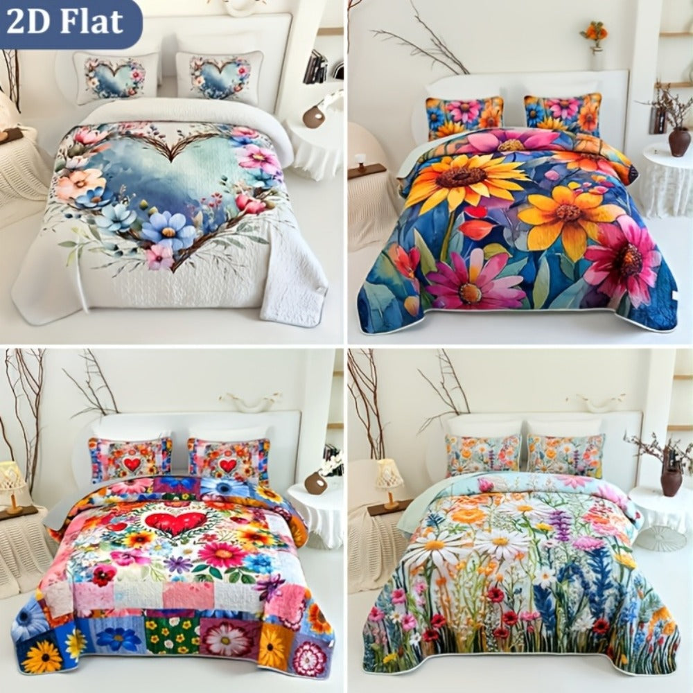 Comforter Set 2 3 Piece Colorful Floral Print Quilt with Pillowcases, Soft Breathable Hypoallergenic Machine Washable Quilted Bed Cover for Twin Full Queen King, Boho Flower Bedding Room Decor