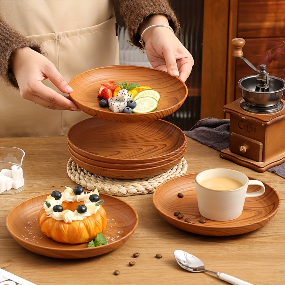 Wood Grain Plastic Dinner Plates Set of 10 - 7.8 Inch Salad Serving Plates for Kitchen Dining Table