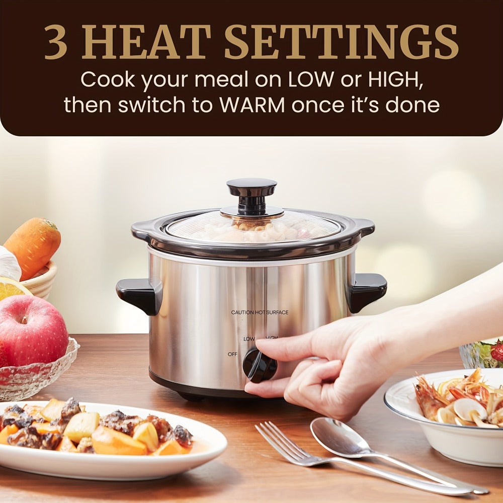 Mini Slow Cooker 1.5QT & 2.0QT with Adjustable Temperature Ceramic Crock & Dishwasher Safe Glass Lid ¨C Small Slow Cooker for Sauces Dips Soups Stews, Stainless Steel & Black