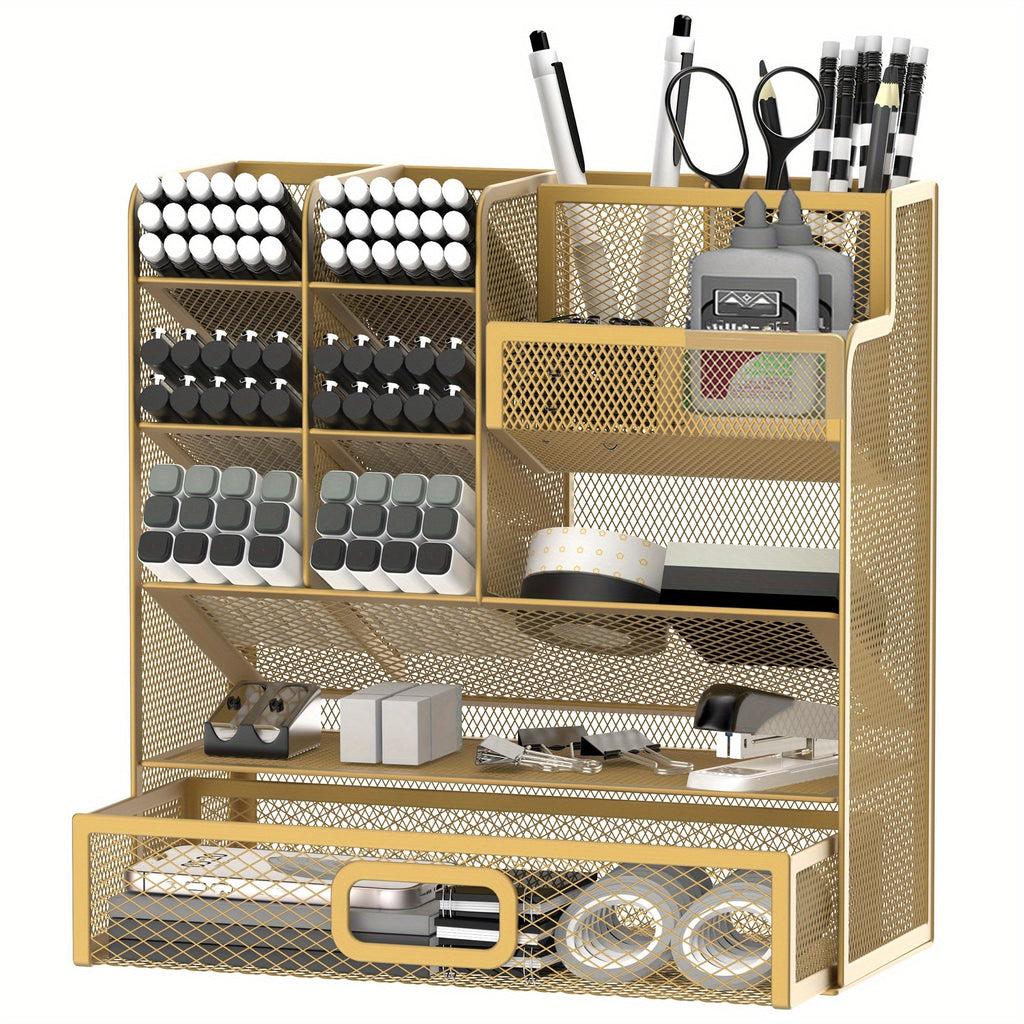 Mesh Desk Organizer with Drawer ¨C Multifunctional Desktop Pen Holder & Office Supply Organizer for Home Office, School & Art Studio ¨C Pencil Cup Caddy with Storage Compartments, Multiple Colors Available