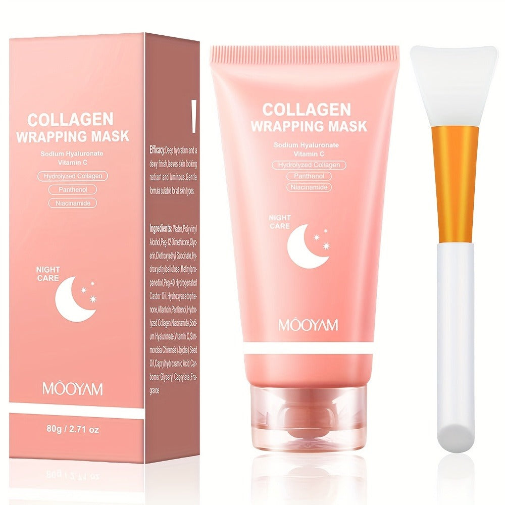 Collagen Night Mask Korean Skincare ¨C Gel Face Mask with Applicator Brush, Hydrolyzed Collagen, Niacinamide, Vitamin C & Hyaluronate for Hydration & Plumping, Paraben-Free, 80g (MOOYAM)