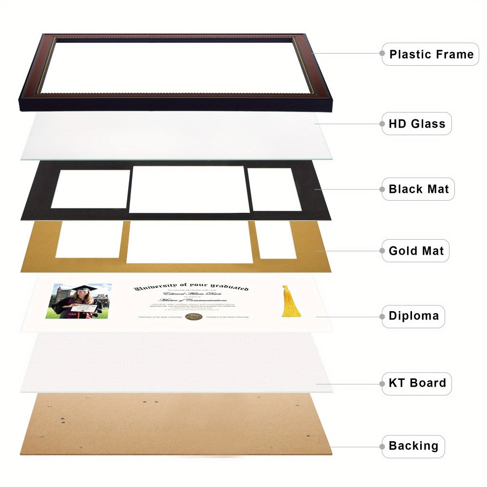 Diploma Frame 11x22 with Tassel Holder for 8.5x11 Certificate and 5x7 Photo, Mahogany Frame with Gold Beads, Black Mat over Gold, HD Glass, Graduation Gift