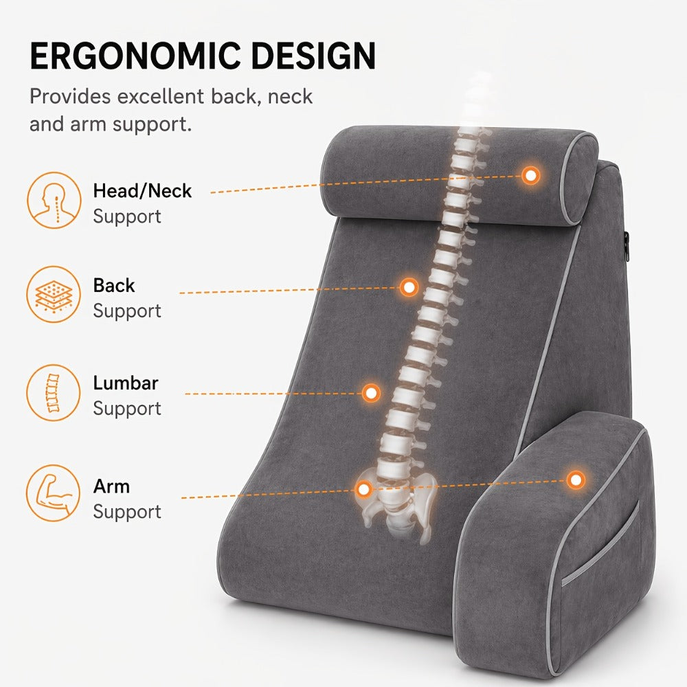 Reading Pillow for Adults Bed Rest Pillow with Arms 19 Inch Back Support Cushion Removable Washable Cover for Sitting Up in Bed Gaming Watching TV Reclining on Couch or Floor Backrest Wedge Pillow Grey