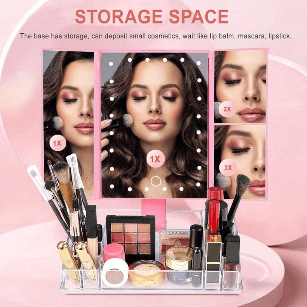 Lighted Makeup Mirror with Storage ¨C Tri-Fold Vanity Mirror 24 LED Lights, Touch Screen, 3X/2X/1X Magnification, 180¡ã Rotation, Dual Power Supply, White & Rose Gold