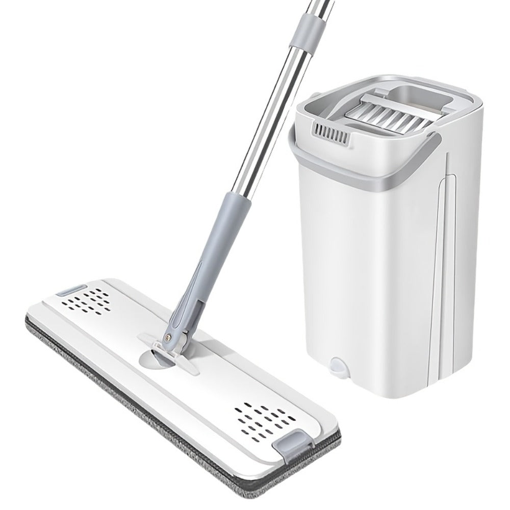Flat Mop with Bucket Set, Hands-Free Wringing Floor Mop, 6 Replacement Microfiber Cloths, Wet & Dry Dual-Use, Durable Plastic Frame, for Hardwood Tile Laminate Bedroom Kitchen Living Room Bathroom