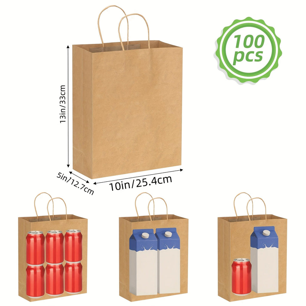Large Kraft Paper Bags 100pcs 13x10x5 Inch with Handles - 100g Heavy Duty Brown Paper Gift Bags Bulk for Small Business, Shopping, Birthday Party, Wedding, Retail Wrapping & Product Packaging