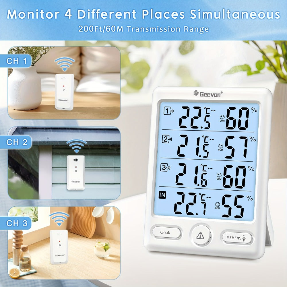 Indoor Outdoor Thermometer Wireless with 3 Remote Sensors - Digital Hygrometer Temperature Humidity Monitor, 200FT Range, Large Display, Backlight, Low Battery Alarm, High Accuracy, Black or White