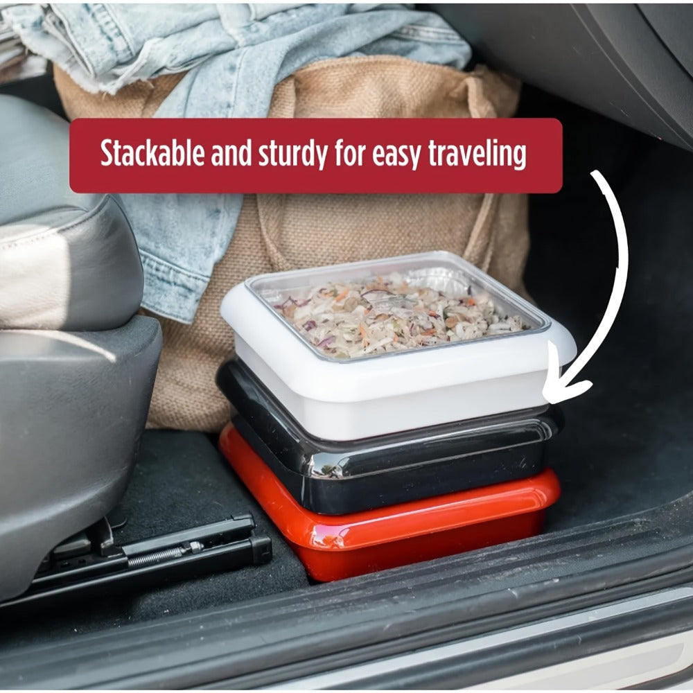 Aluminum Foil Tray with Lid - Insulated Stackable BBQ & Salad Serving Container for Outdoor Picnic, Party, Kitchen Use, Rectangular, Black & Red