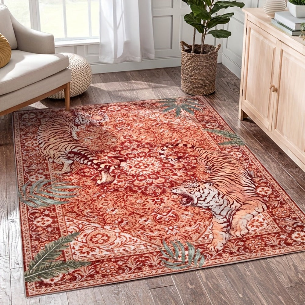 Tiger Print Rug Washable Non-Slip Area Rug - Jungle Forest Design Ultra-Thin Indoor Carpet for Living Room Bedroom Home Office, Red Green Beige, 5x7 6x9 8x10 9x12ft