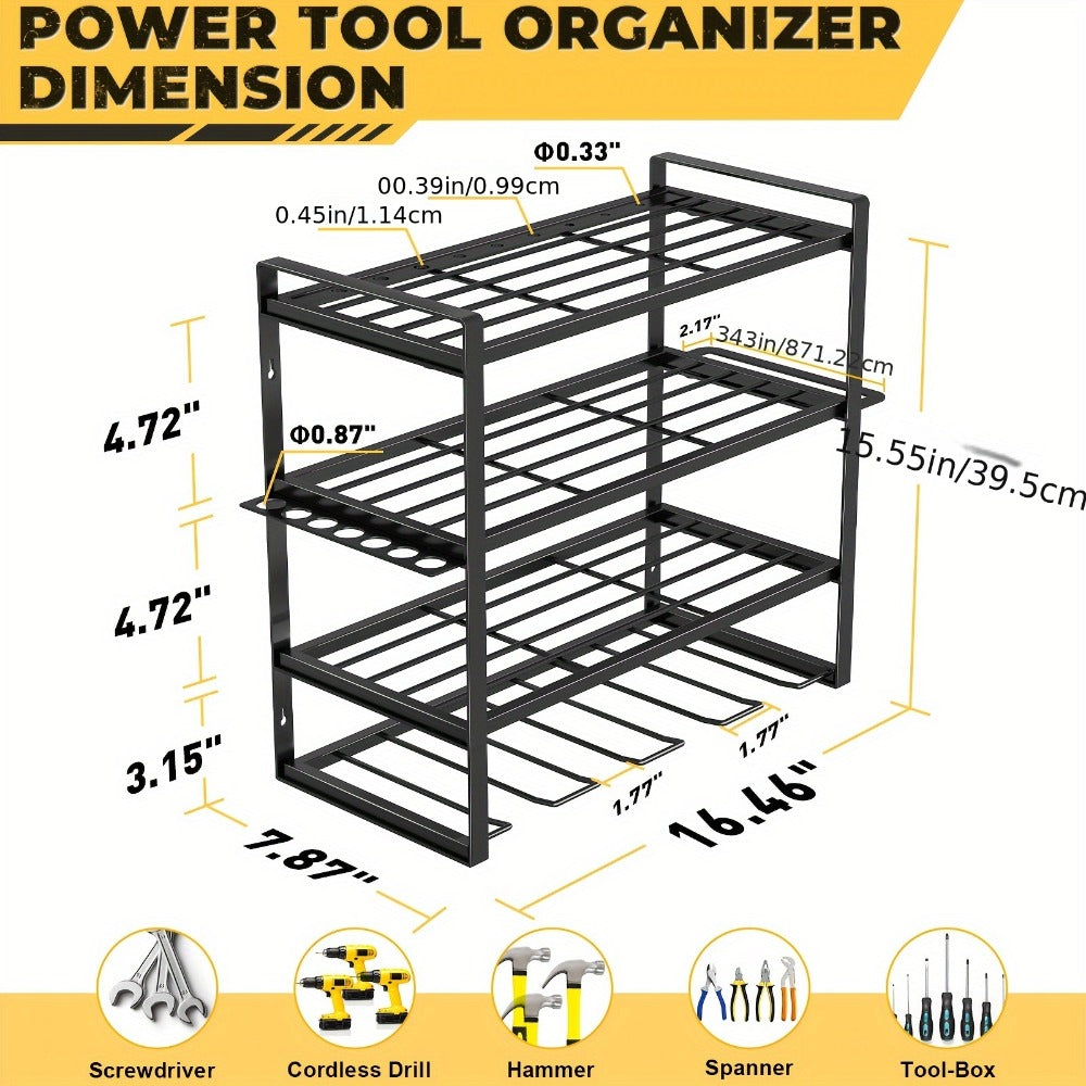 Power Drill Holder Wall Mount ¨C Heavy Duty Tool Storage Rack with 3/4 Layer Floating Shelf | Cordless Drill Organizer | 4/6/8 Drill Holders Workshop Tool Rack for Garage & Workshop Organization