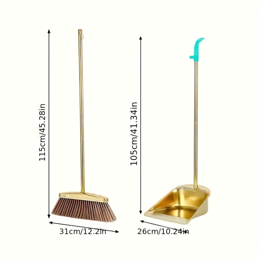 Broom and Dustpan Set Premium Golden Stainless Steel Extra Long Handle Microfiber Bristles V-Shape Leakproof Dustpan Heavy Duty Indoor Outdoor Sweeper for Kitchen Patio Hardwood Tile Floor