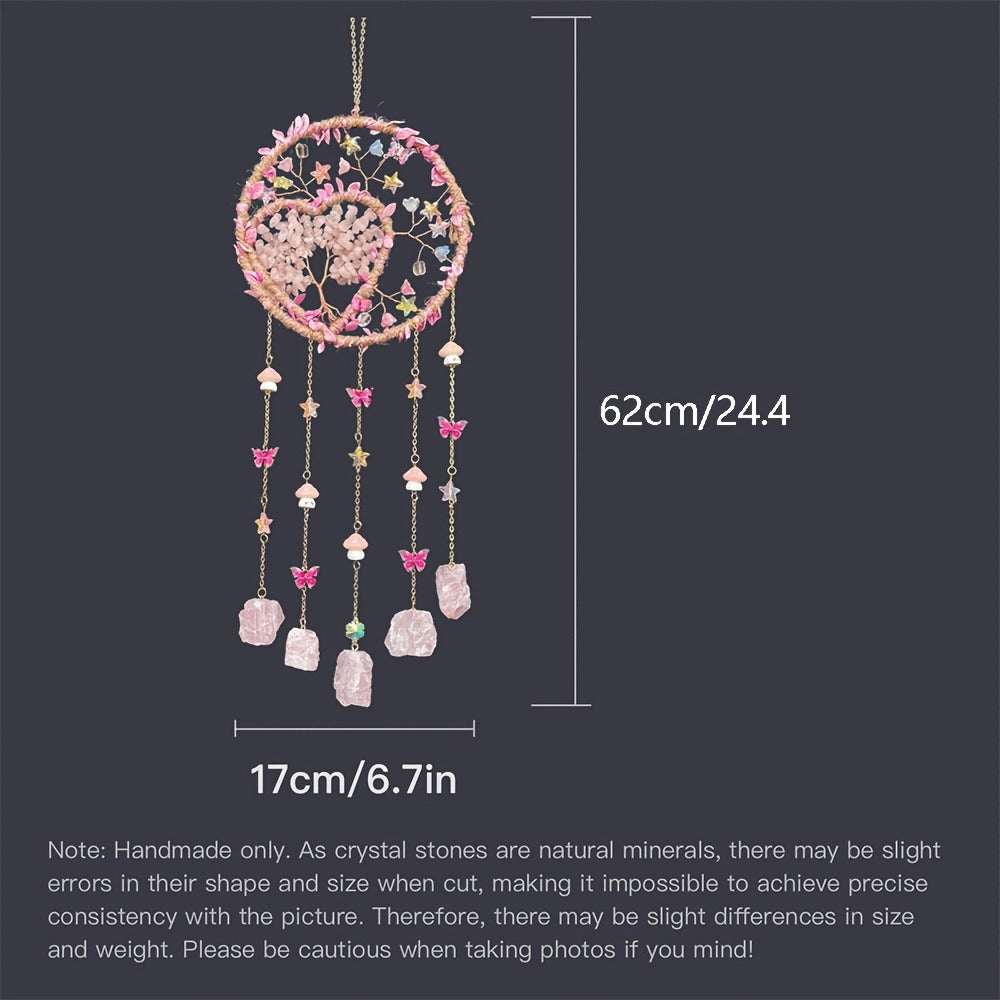 Boho Crystal Wall Hanging Decor ¨C Handmade Stone Bead Wind Chime with Colorful Gemstone Heart & Circular Crystal Pendant for Bedroom Living Room Christmas Mother's Day Thanksgiving Gift (Purple/Pink/Green)