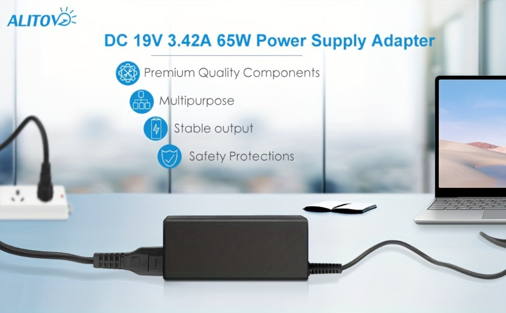 19V 3.42A 65W Universal Laptop Power Adapter - Compatible with HP, LG Monitor, Samsung TV, Acer, Chromebook, ASUS, JBL Speaker, AC 100-240V Input, 9 DC Tips Included, Short Circuit Protection