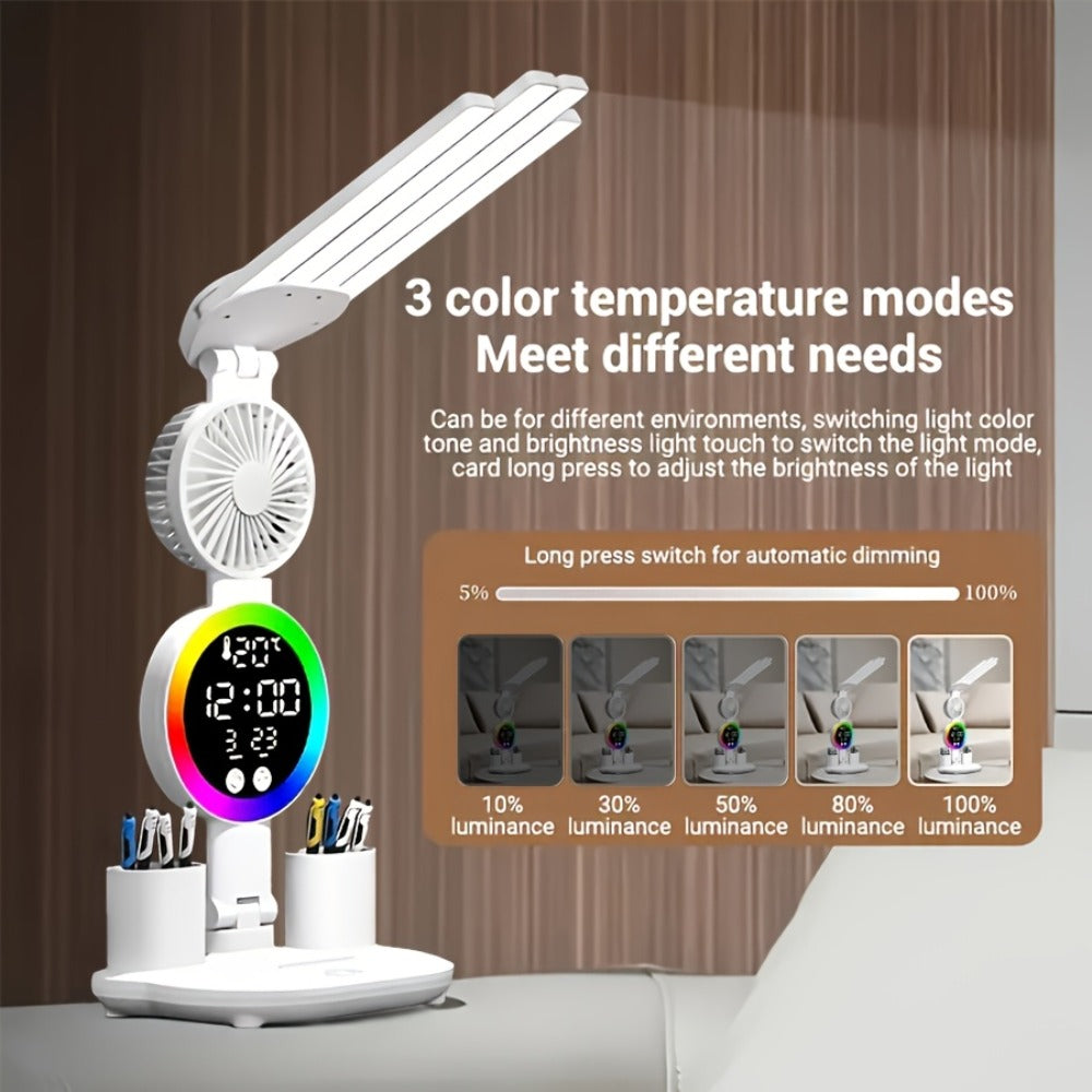LED Desk Lamp with Built-in Fan & Touch Control | Dual Head Adjustable | USB Charging | 3 Color Modes Dimmable | Smart Display Clock | Eye-Caring Reading Lamp for Home Office Dorm Study