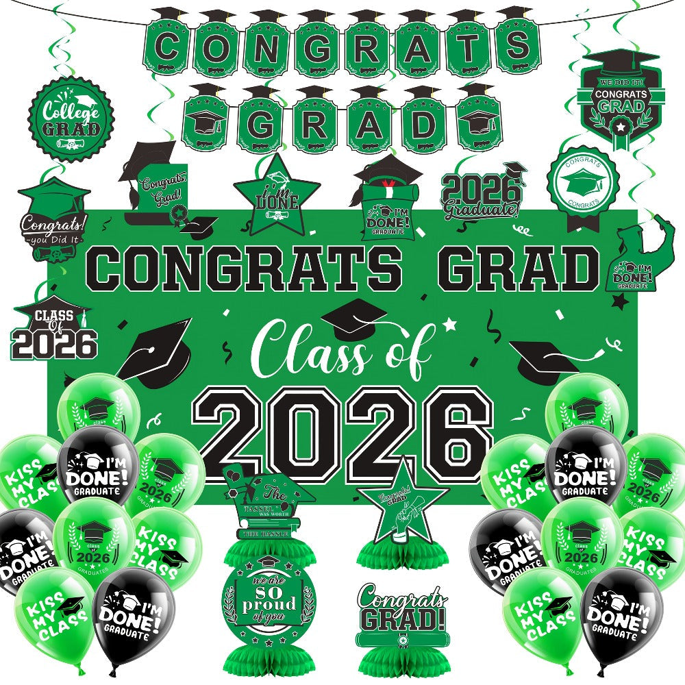 2026 Graduation Decorations Set ¨C Congrats Grad Banner, Backdrop, Hanging Swirls & Honeycomb Table Toppers, Class of 2026 Party Supplies Kit