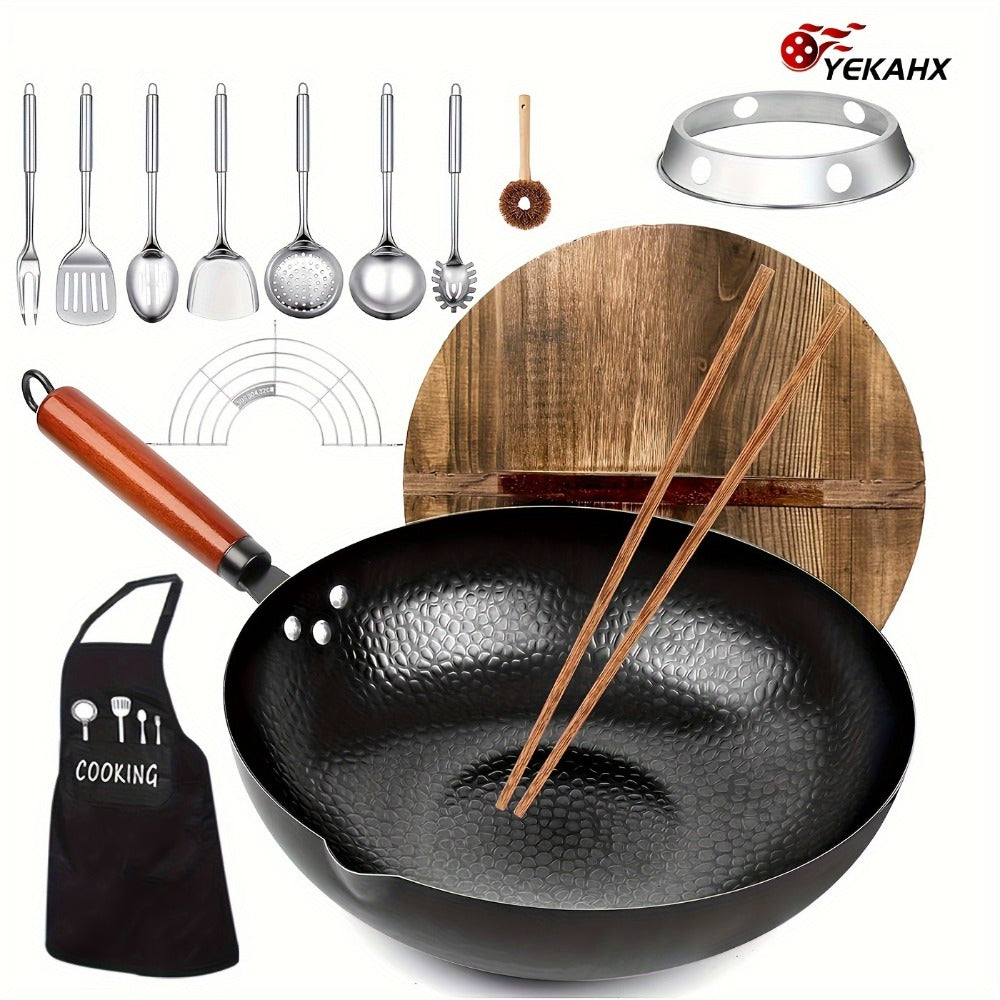 Carbon Steel Wok Set with Lid & Accessories ¨C 14-Piece Non-Stick Stir Fry Pan 12.6¡± for Gas Electric Induction All Stoves | Wok Pan with Spatula Brush Ring Utensils Kitchen Cooking Set