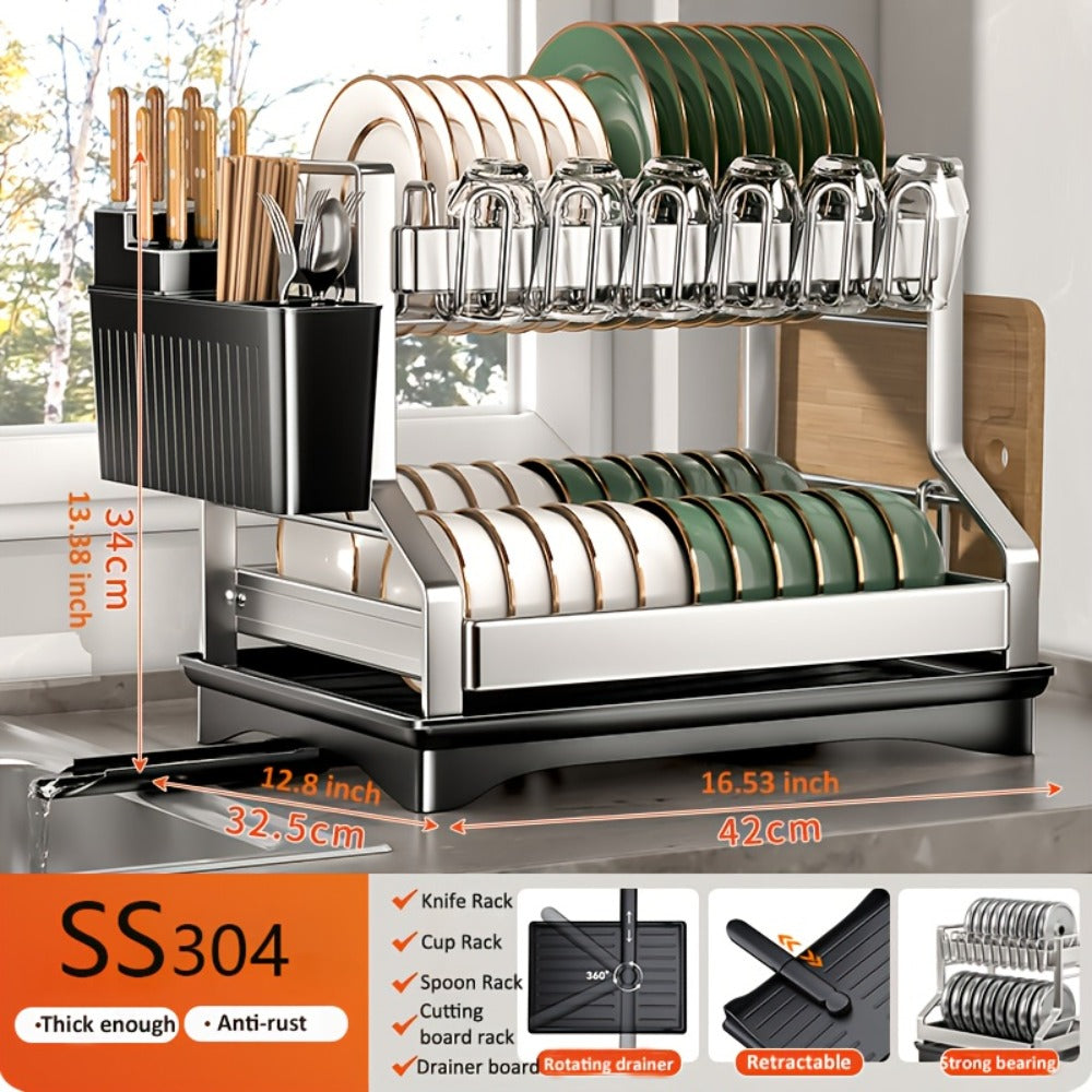 Stainless Steel 2-Tier Dish Rack with Auto Drainage | Rust-Resistant Kitchen Drying Rack for Dishes, Bowls, Cups & Utensils