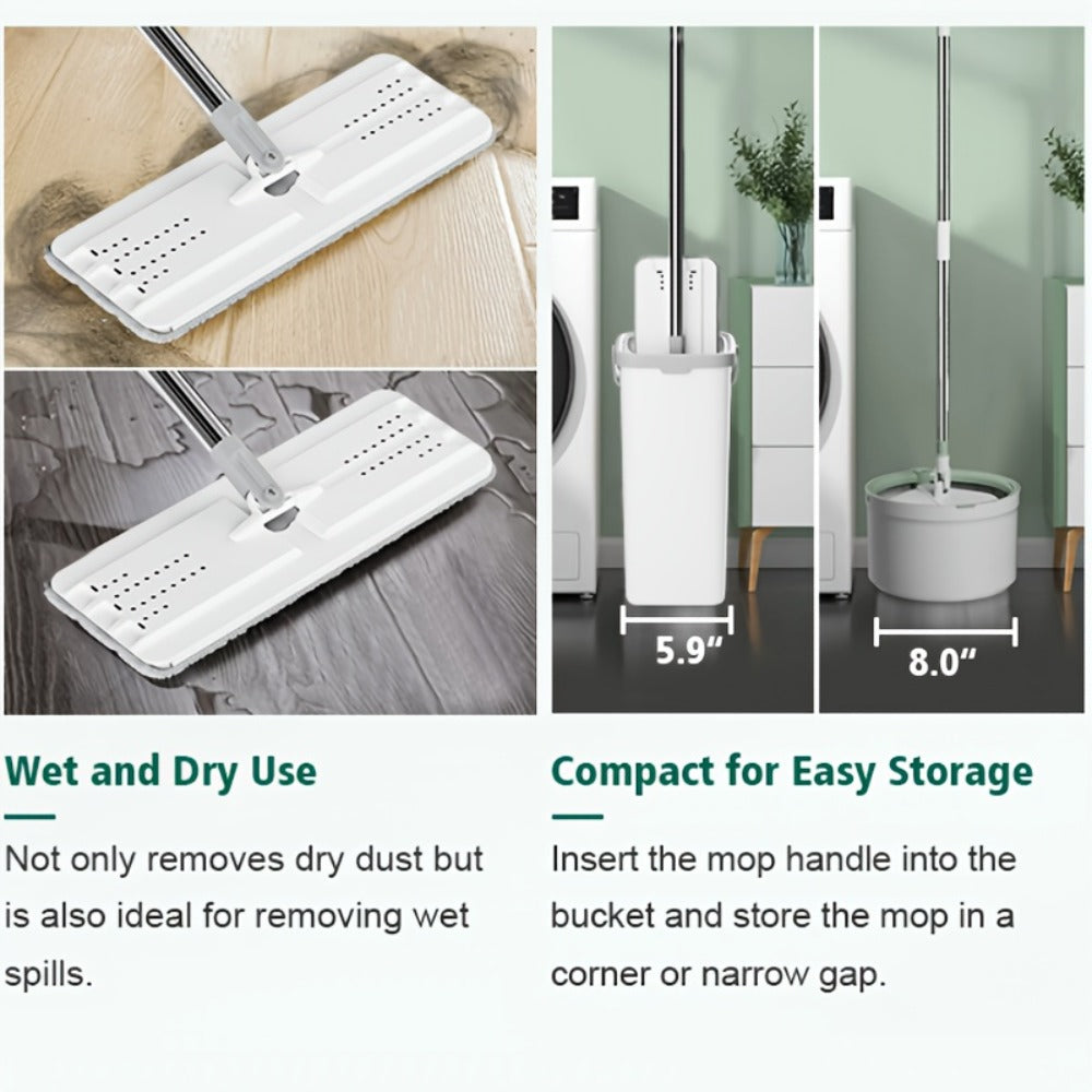 Hands-Free Flat Mop with Bucket Set ¨C 8pcs, 6 Microfiber Pads & Gloves, Dry & Wet Floor Cleaning for Bedroom, Kitchen & Bathroom