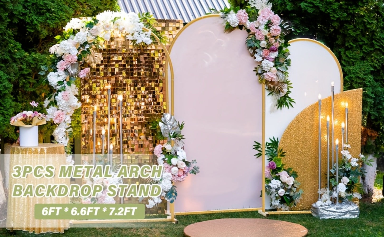 Metal Arch Backdrop Stand Set of 3 (7.2ft/6.6ft/6ft) + 7 Balloon Clips - Wedding Arch Frame for Birthday Party, Graduation, Ceremony, Thanksgiving & Halloween Decoration