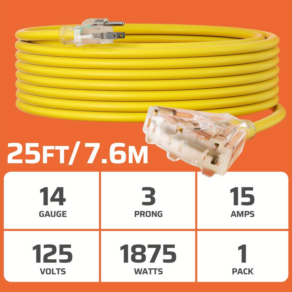 Extension Cord 25FT Heavy Duty Outdoor Indoor 14/3 SJTW Yellow 3-Outlet Tri-Tap Splitter with LED Lighted Plug 15A 1875W Grounded Power Cord for Workshop Garage Job Site Construction