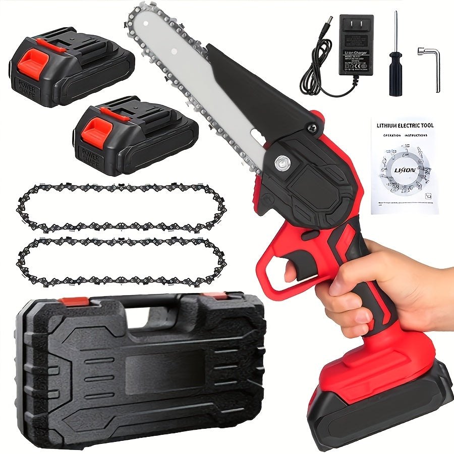Cordless Mini Chainsaw 6 Inch with 2 Batteries & Charger | Auto Chain Tensioning Auto Lubrication Handheld Electric Saw | Branch Yard Home Garden Cutting Father's Day Gift