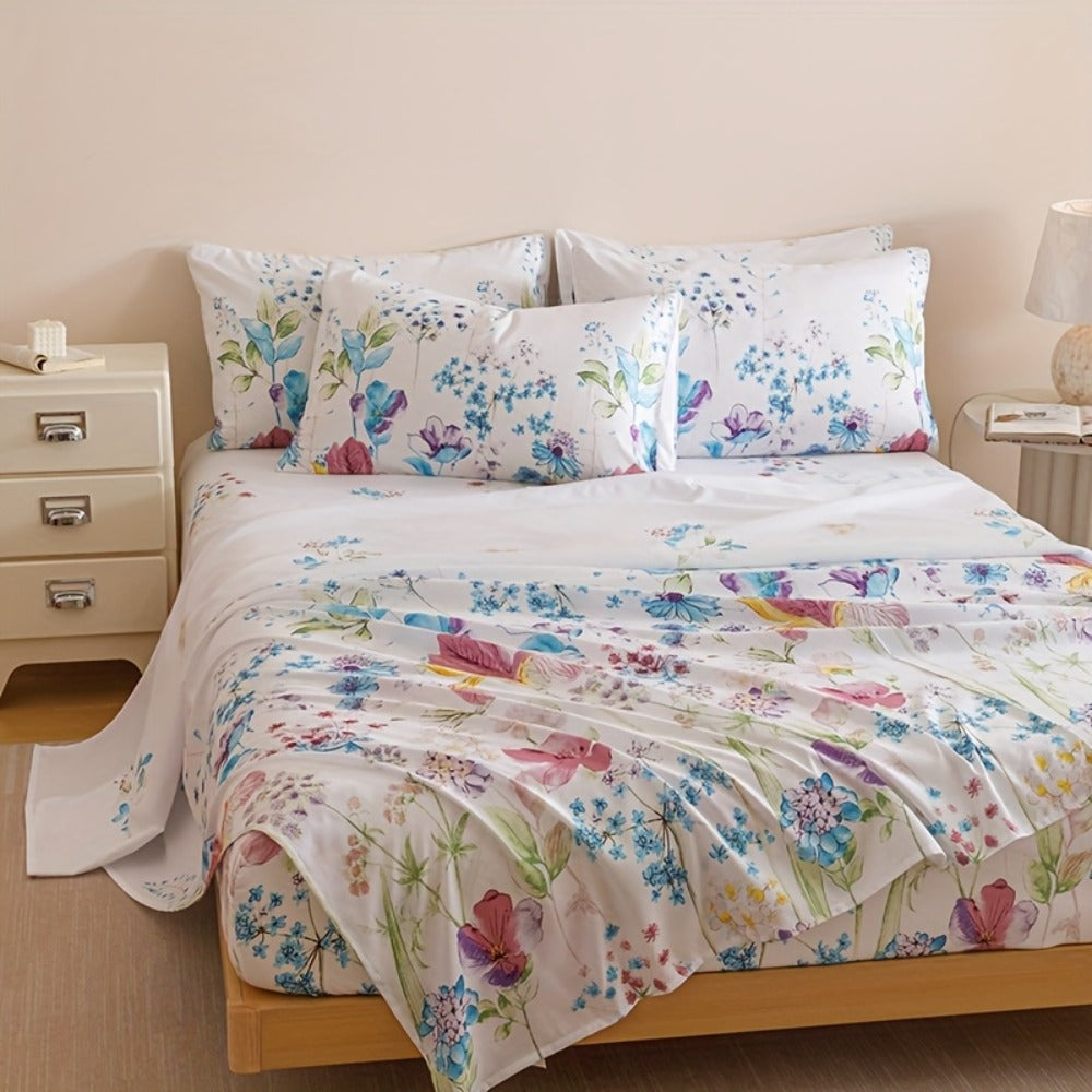 Floral Bedding Set 4-Piece ¨C 1 Fitted Sheet + 1 Flat Sheet + 2 Pillowcases | Soft Breathable Polyester | All-Season Flower Print Bed Sheet Set | Machine Washable | Twin Full Queen King