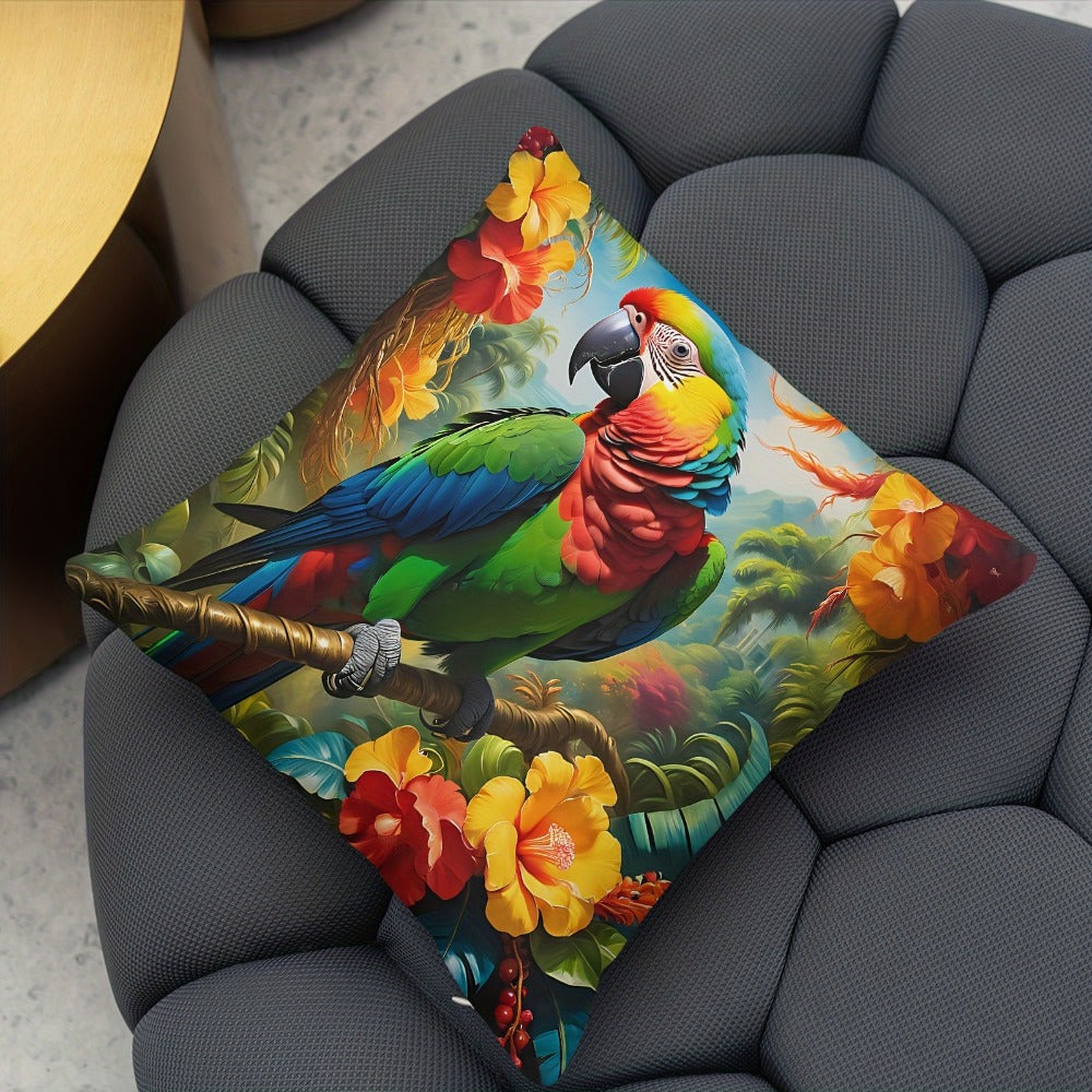 Tropical Parrot Throw Pillow Covers 4 Pack Vibrant Floral Bird Print Soft Polyester Cushion Covers Zipper Closure Machine Washable for Sofa Bedroom Office Home Decor 18x18 Inch