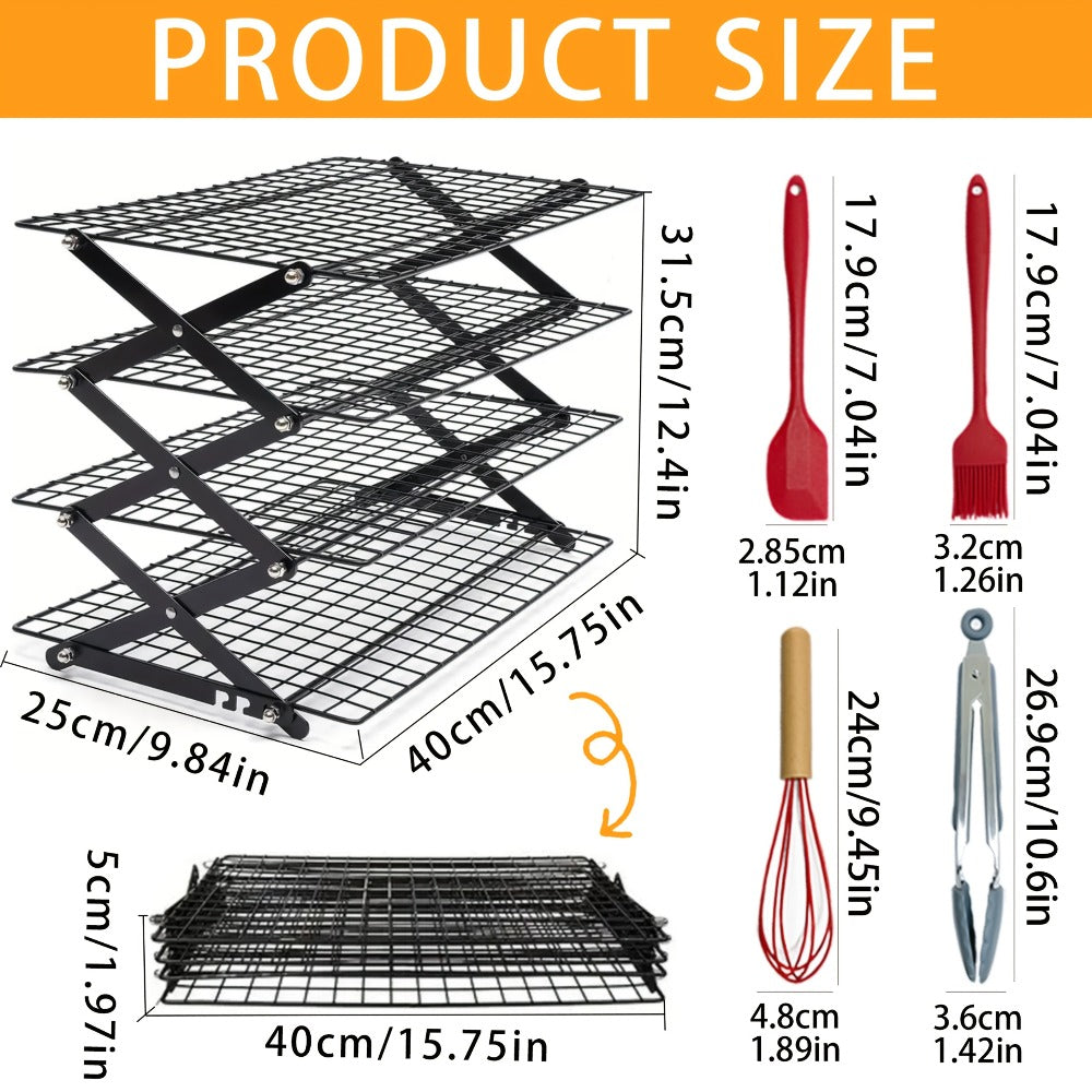 Foldable Cooling Rack Set ¨C Stackable Oven Cookie Cake Drying Rack with Free Baking Tools (Silicone Spatula, Egg Beater, Tongs, Brush) | 3/4/5 Tier Options for Kitchen, Camping & Holiday Baking