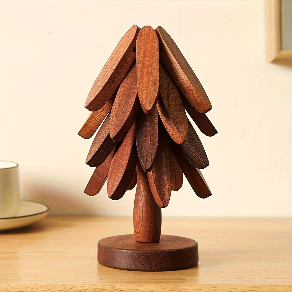Solid Wood Trivet Mat Set 6pcs with Storage Rack ¨C Heat-Resistant Tree-Shaped Coasters, Natural Foldable Wooden Kitchen Trivets for Hot Dishes, Pots, Bowls & Teapots