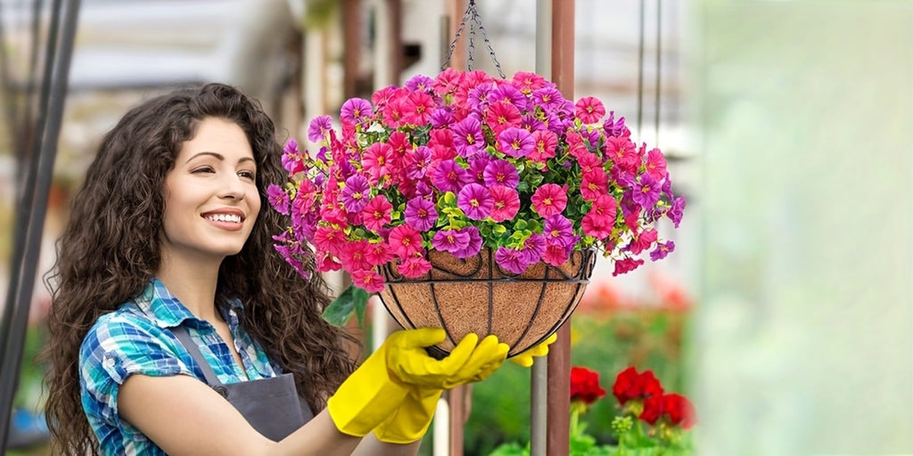 Artificial Hanging Flowers Outdoor UV-Resistant Fake Petunias with Planter Basket ¨C Realistic Faux Hanging Plants for Garden Patio Porch Balcony Railing Decor