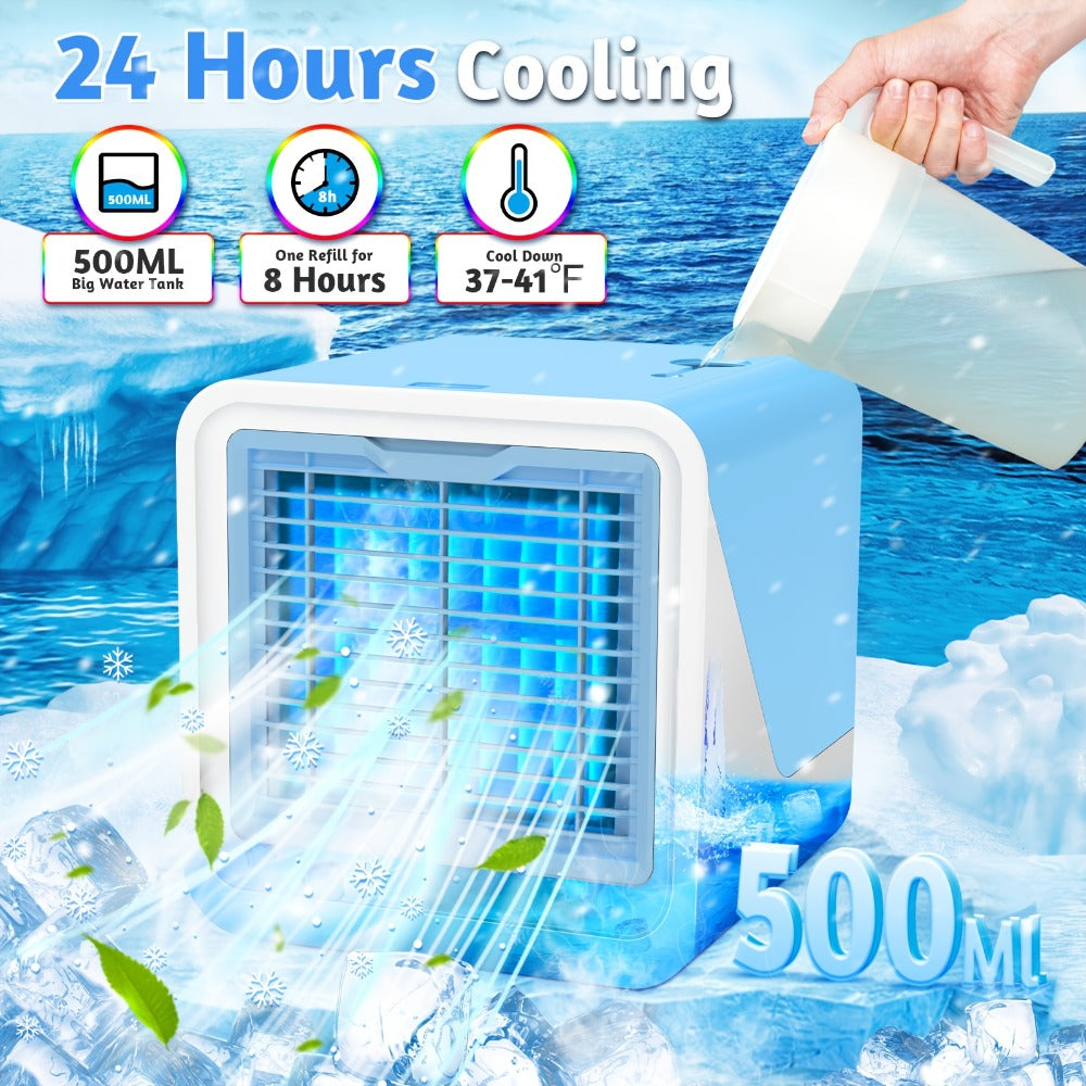 Portable Air Cooler 3-in-1 Mini Personal Air Conditioner Humidifier Fan with Atmosphere Light USB Powered Desktop Evaporative Cooler for Home Office Bedroom Travel Blue Black Green