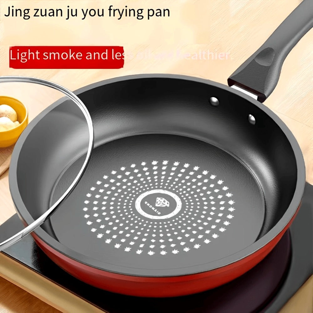 Nonstick Frying Pan with Lid 9.45 10.24 11.02 Inch Cast Iron Style Flat Bottom Skillet Stainless Steel Handle Smoke-Free Lightweight Cookware for All Stovetops Fried Eggs Steak Pancakes