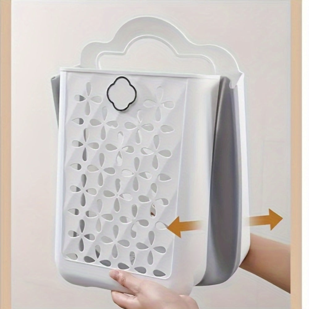 Foldable Laundry Basket Wall Mounted ¨C No-Drill Plastic Storage Bin with Cutout Design for Clothes, Toys, Snacks & Fruits ¨C Space-Saving Collapsible Organizer for Bathroom, Balcony & Bedroom